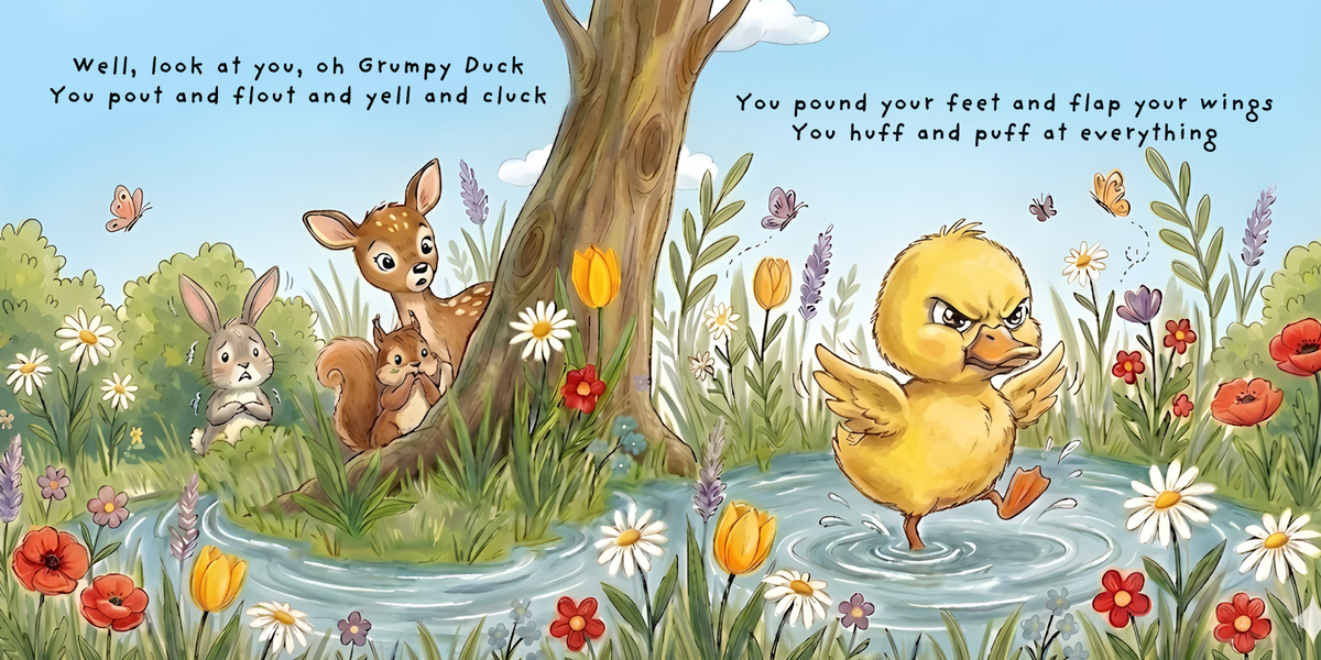 Grumpy Duck inside page: Grumpy Duck stomping by the pond