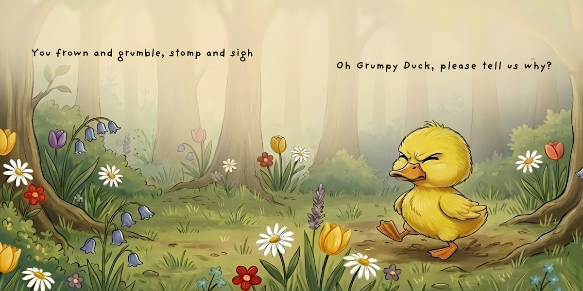 Grumpy Duck inside page: Grumpy Duck grumbling in the forest