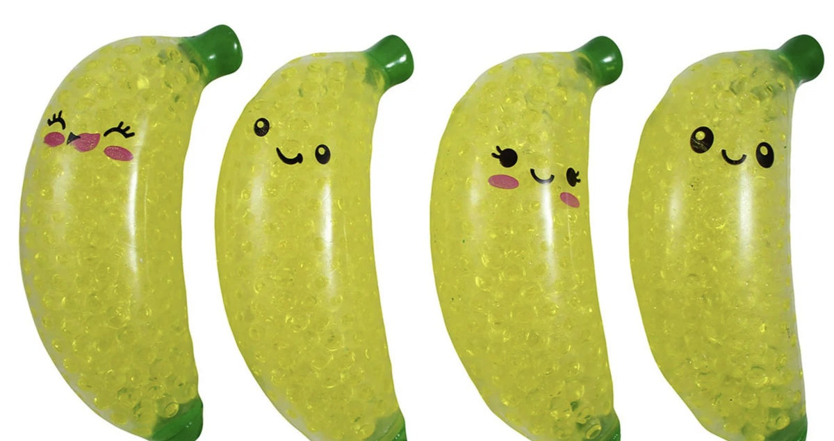 Water bead filled banana squeeze balls with smiling faces