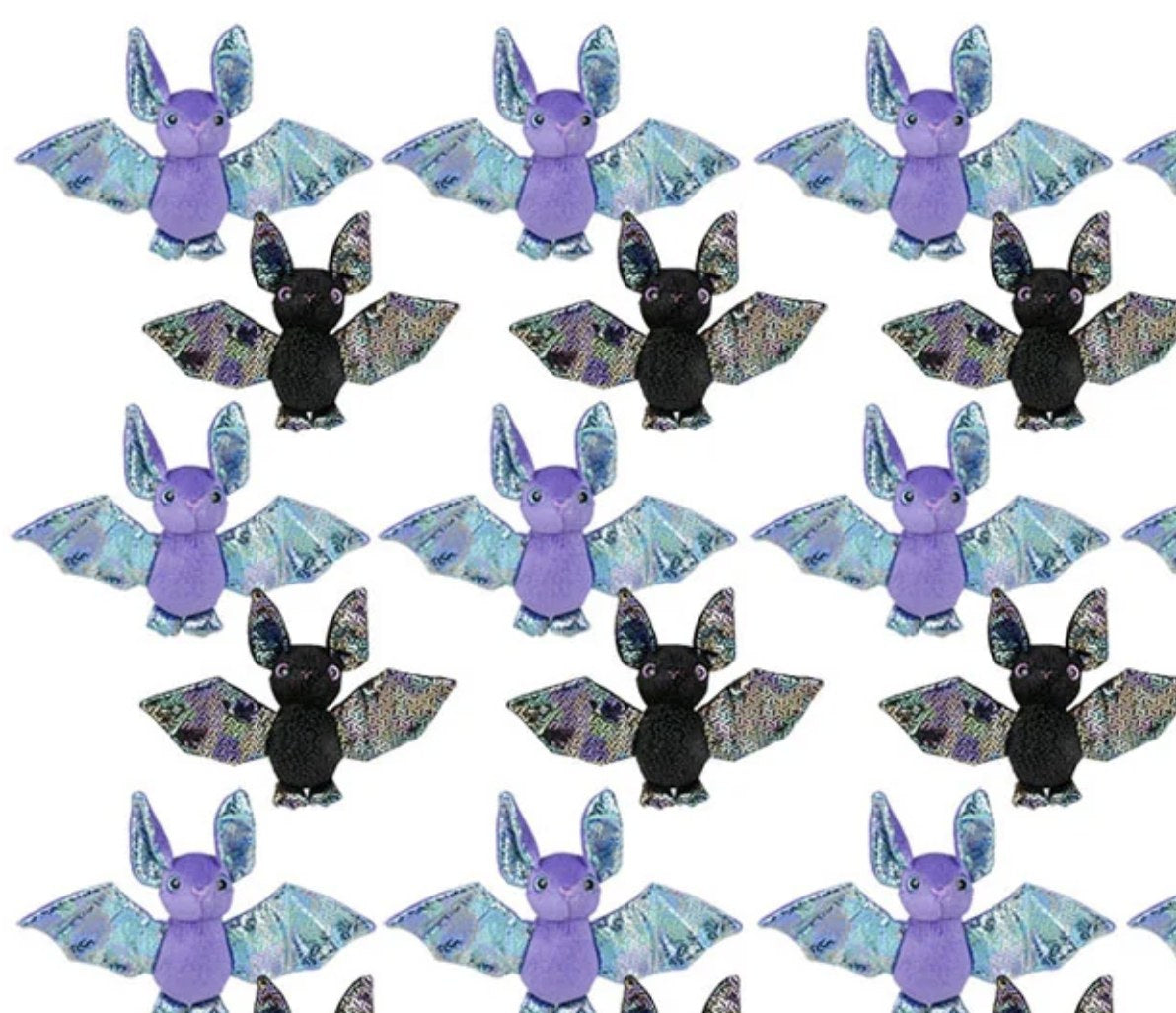 Iridescent bat plush toys in purple and black