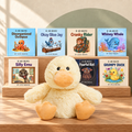 The Comfort Bundle: all seven Be and Breathe paperbacks by Cece Beans on a wooden shelf with a Duck Warmie