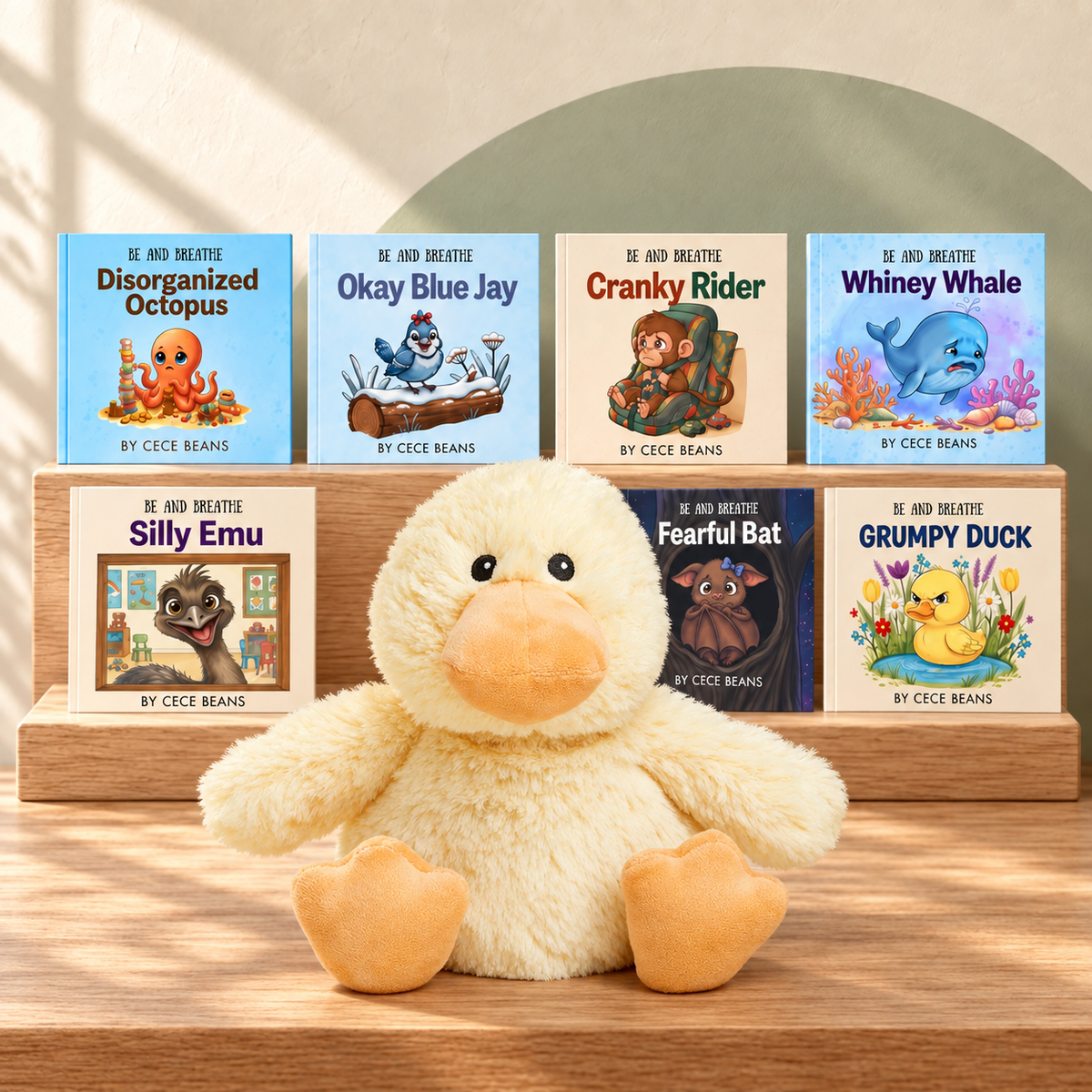 The Comfort Bundle: all seven Be and Breathe paperbacks by Cece Beans on a wooden shelf with a Duck Warmie