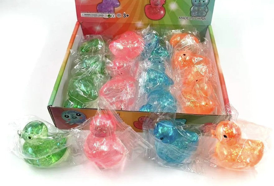 Glitter gel rubber ducky squishy toys in green, pink, blue and orange