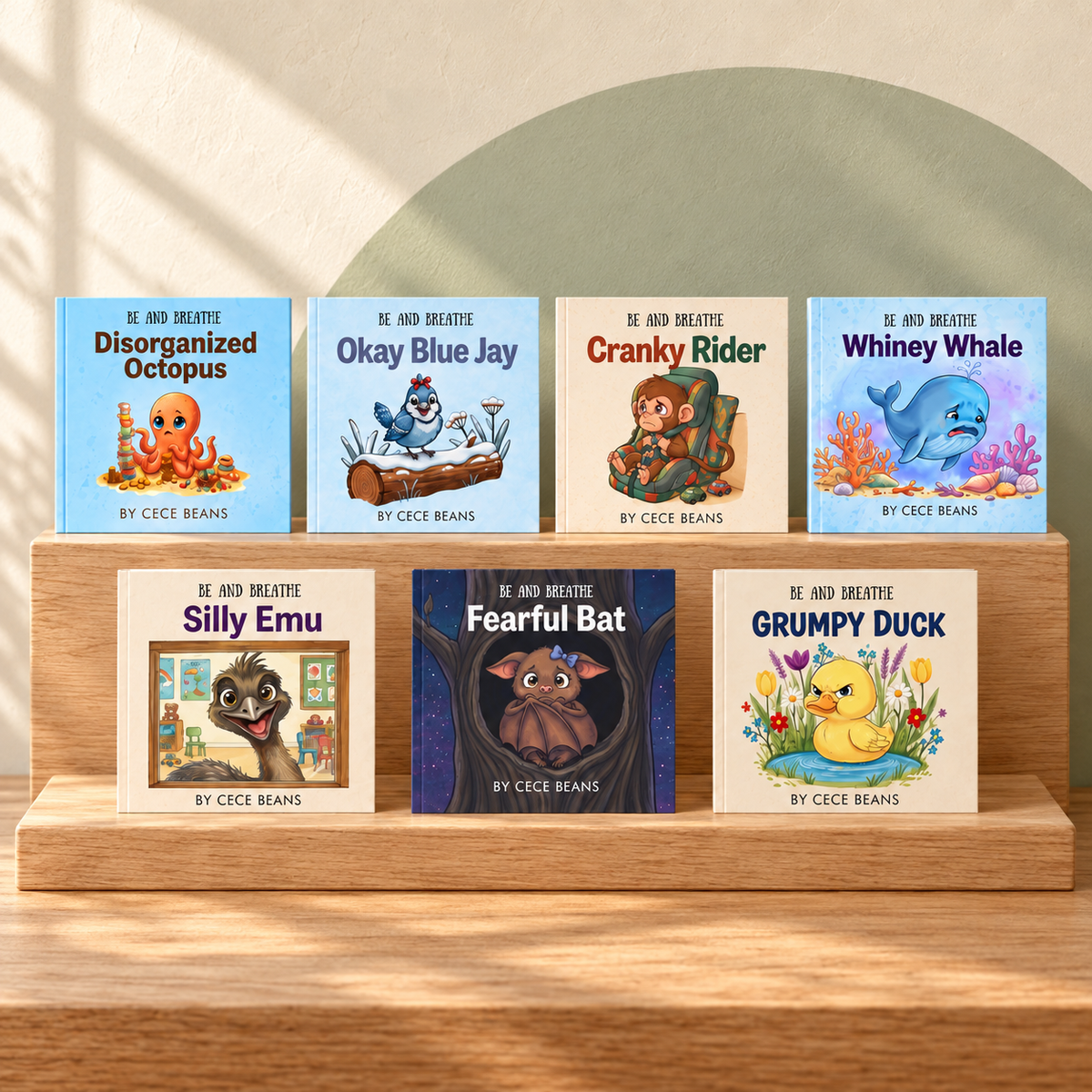 All seven Be and Breathe paperbacks by Cece Beans displayed on a wooden shelf