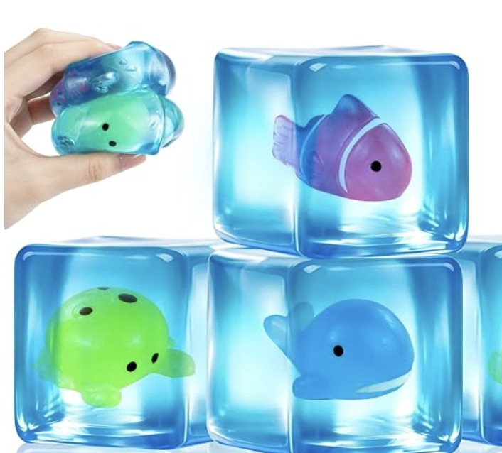 Squishy ice cubes with a clownfish, turtle and whale inside