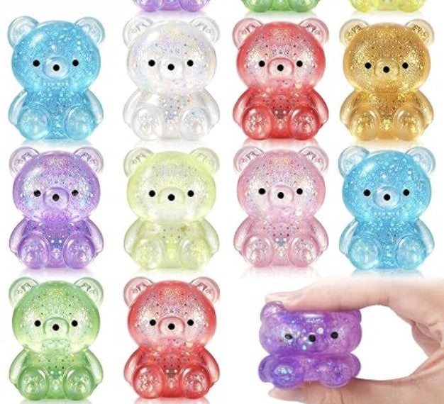 Glitter gummy bear squishy toys in twelve colors