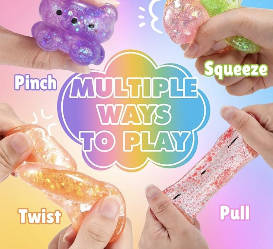 Hands pinching, squeezing, twisting and pulling glitter gummy bear squishies