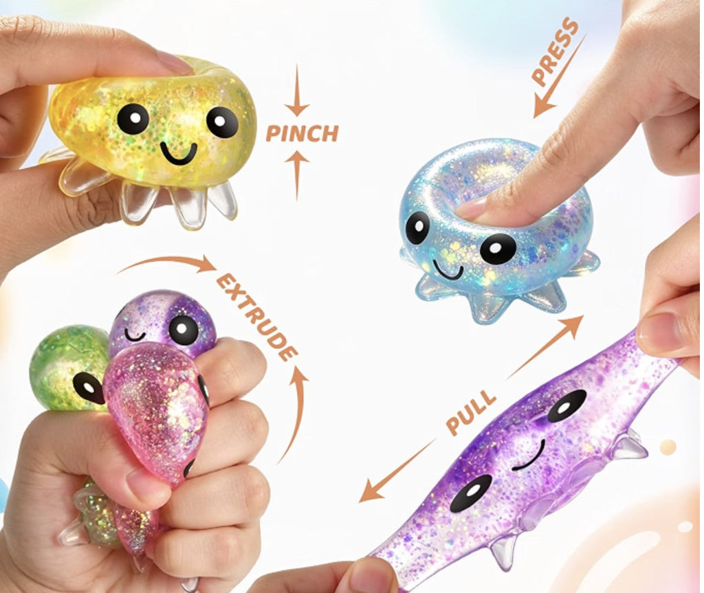 Hands pinching, pressing and pulling a glitter octopus squishy