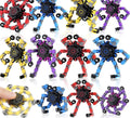 Transformable chain fidget spinners in red, blue, yellow and purple, folded into robots and spread flat