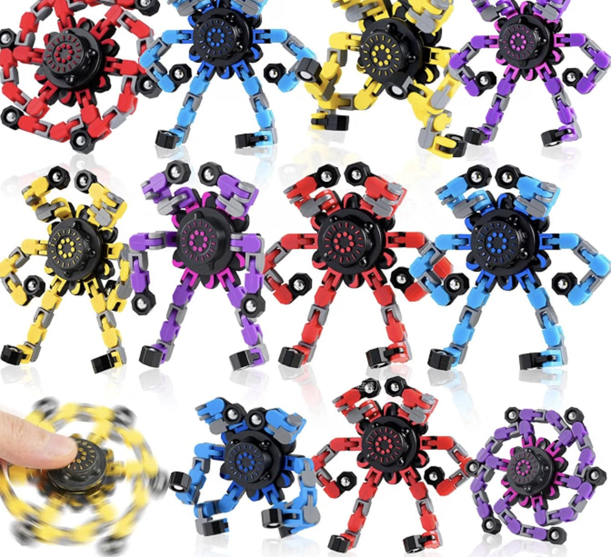 Transformable chain fidget spinners in red, blue, yellow and purple, folded into robots and spread flat