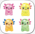 Glitter axolotl squishy toys in pink, yellow, orange and green