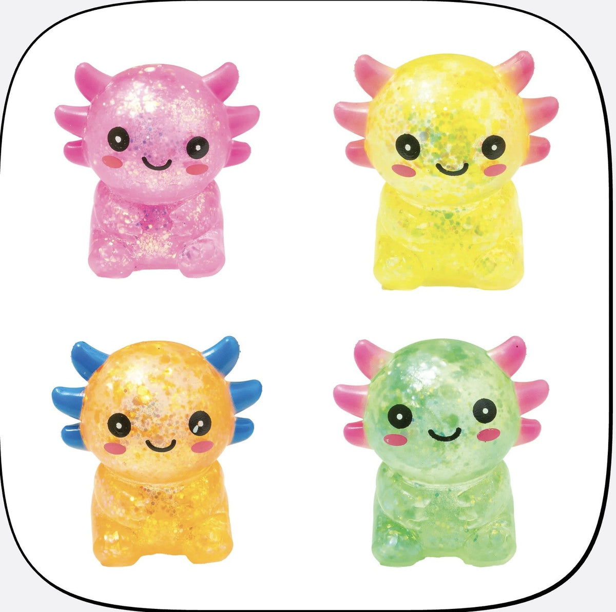 Glitter axolotl squishy toys in pink, yellow, orange and green